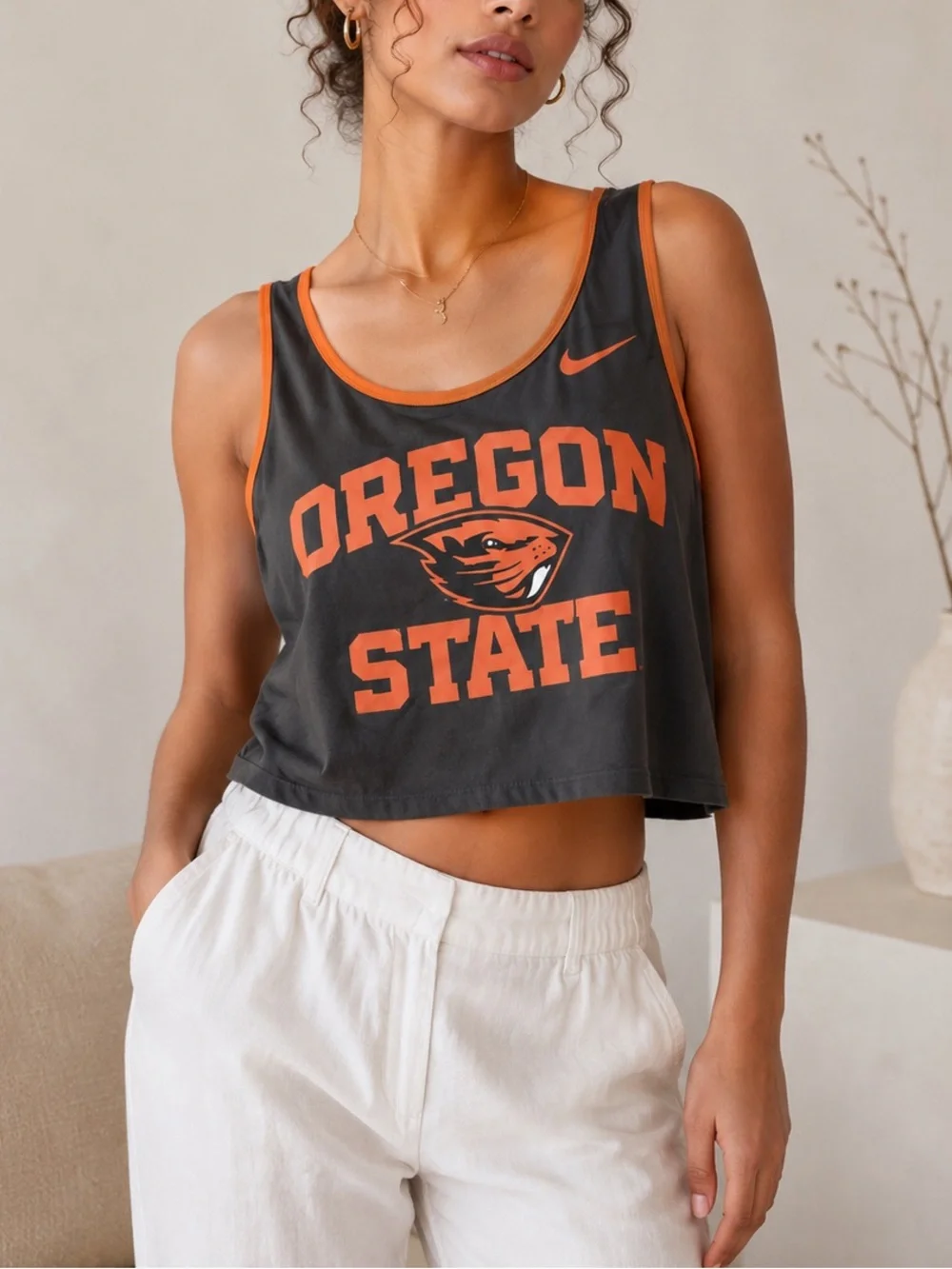 Nike Black Crop Tank with Orange Oregon State Graphics